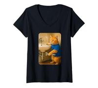 Donna Funny Plumber Cat Meme Handyman Hilarious Orange Cat Joke Maglietta con Collo a V