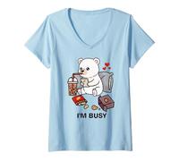 Donna Funny Polar Bear Im Busy Boba Tea Snacks Zoo Ragazzi Ragazze Bambini Maglietta con Collo a V