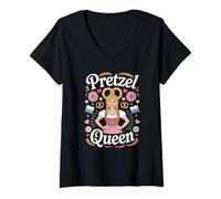 Donna Funny Pretzel Queen Dirndl Biergarten Oktoberfest Beer Maglietta con Collo a V