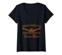 Donna Funny Proud Freestyle Swim Mom sostiene l'amore marrone completo Maglietta con Collo a V