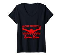 Donna Funny Proud Freestyle Swim Mom sostiene l'amore rosso pieno Maglietta con Collo a V