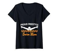 Donna Funny Proud Freestyle Swim Mom Support Love arancione bianco Maglietta con Collo a V