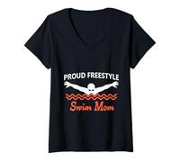 Donna Funny Proud Freestyle Swim Mom Support Love arancione scuro Maglietta con Collo a V