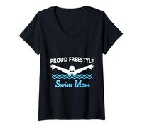 Donna Funny Proud Freestyle Swim Mom Support Love azzurro bianco Maglietta con Collo a V
