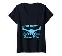 Donna Funny Proud Freestyle Swim Mom Support Love azzurro Maglietta con Collo a V