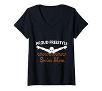 Donna Funny Proud Freestyle Swim Mom Support Love marrone bianco Maglietta con Collo a V