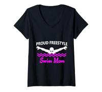 Donna Funny Proud Freestyle Swim Mom Support Love rosa ciano bianco Maglietta con Collo a V