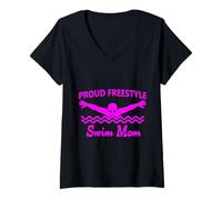 Donna Funny Proud Freestyle Swim Mom Support Love rosa ciano Maglietta con Collo a V
