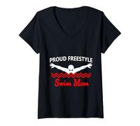 Donna Funny Proud Freestyle Swim Mom Support Love rosso bianco Maglietta con Collo a V