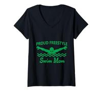 Donna Funny Proud Freestyle Swim Mom Support Love verde scuro Maglietta con Collo a V