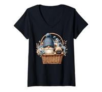 Donna Funny Pug Dad Gnome With Blue Flower Decor For Pug Lover Maglietta con Collo a V