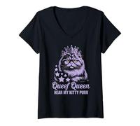Donna Funny Queef Queen Hear My Kitty Purr Funny Cat Donne Uomini Maglietta con Collo a V