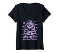 Donna Funny Queef Queen Hear My Kitty Purr Funny Cat Donne Uomini Maglietta con Collo a V
