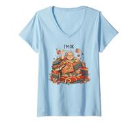 Donna Funny Quilter Saying I'm Ok Cartoon Fabric Chaos Scene Maglietta con Collo a V