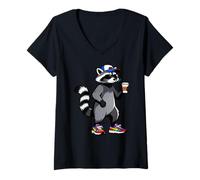 Donna Funny Raccoon, Common Raccoon Drinking Coffee Maglietta con Collo a V