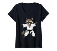Donna Funny Raccoon Doing Karate Samurai Ninja Raccoon Maglietta con Collo a V