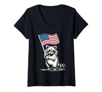 Donna Funny Raccoon with American Flag Maglietta con Collo a V
