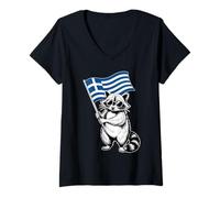 Donna Funny Raccoon with Greek Flag Maglietta con Collo a V