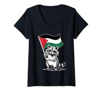 Donna Funny Raccoon with Palestine Flag Maglietta con Collo a V