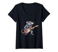 Donna Funny Rat Graphic Let's Rock Suonare Chitarra Rat Rock Rat Maglietta con Collo a V