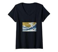Donna Funny Retro Vintage Surfing A Wave Border Collie Lover Maglietta con Collo a V