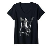 Donna Funny Rock Cat Lovers Retro with Guitar Music Maglietta con Collo a V