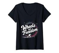 Donna Funny Roller Skating Citazione Gift Wheels And Freedom Maglietta con Collo a V