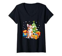 Donna Funny Santa Corgi Dog Christmas Tree Gifts Xmas Matching Maglietta con Collo a V