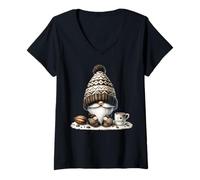 Donna Funny Santa GNOME with I Love Hot Cocoa Mug for Christmas Maglietta con Collo a V