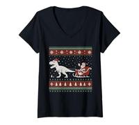Donna Funny Santa Sleigh Riding Dinosaur T-Rex Christmas Costume Maglietta con Collo a V