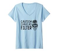 Donna Funny Sarcastic Humor Caution I Have No Filter Messy Bun Maglietta con Collo a V