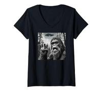 Donna Funny Sasquatch Bigfoot Rock On Selfie with UFO Alien Maglietta con Collo a V