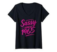 Donna Funny Sassy Since 1965 Retro Mama Wife Sass Queen Hot Pink Maglietta con Collo a V