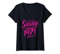 Donna Funny Sassy Since 1971 Retro Mama Wife Sass Queen Hot Pink Maglietta con Collo a V