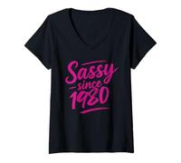 Donna Funny Sassy Since 1980 Retro Mama Wife Sass Queen Hot Pink Maglietta con Collo a V