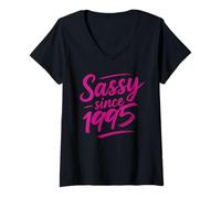 Donna Funny Sassy Since 1995 Retro Mama Wife Sass Queen Hot Pink Maglietta con Collo a V