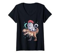 Donna Funny Saying Glam Cat Riding T Rex Sparkle Chaos Donne Uomini Maglietta con Collo a V