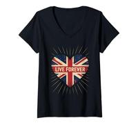 Donna Funny Saying Live Forever Grunge UK Flag Heart Art Donne Uomini Maglietta con Collo a V