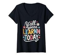 Donna Funny Saying Y'all going Learn Today Leopard Pencil Women Maglietta con Collo a V