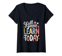 Donna Funny Saying Y'All Going Learn Today Leopard Pencil Women Maglietta con Collo a V