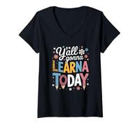 Donna Funny Saying Y'All Going Learn Today Leopard Pencil Women Maglietta con Collo a V