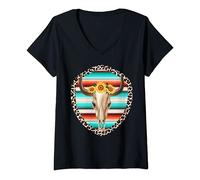 Donna Funny Serape Cow Skull print Sunflower Leopard Turquoise Maglietta con Collo a V