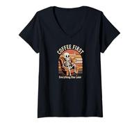 Donna Funny Skeleton Coffee Lover Morning Cafe Mood Maglietta con Collo a V