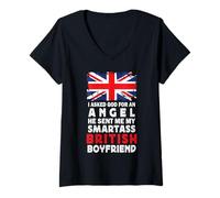 Donna Funny Smartass British Boyfriend UK Flag Maglietta con Collo a V