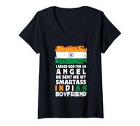 Donna Funny Smartass Indian Boyfriend India Flag Maglietta con Collo a V