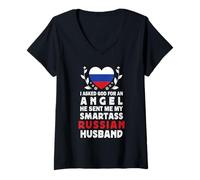 Donna Funny Smartass Russian Husband Russia Flag Spouses Maglietta con Collo a V