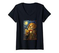 Donna Funny Smoking Elegant Beagle Artwork Vintage Dog in Suit Maglietta con Collo a V