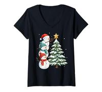 Donna Funny Snowmen Topper Stack Decorating Christmas Tree Cute Maglietta con Collo a V