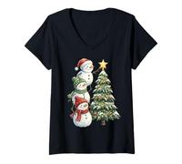Donna Funny Snowmen Topper Stack Decorating Christmas Tree Cute Maglietta con Collo a V