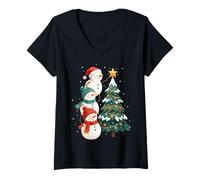 Donna Funny Snowmen Topper Stack Decorating Christmas Tree Cute Maglietta con Collo a V